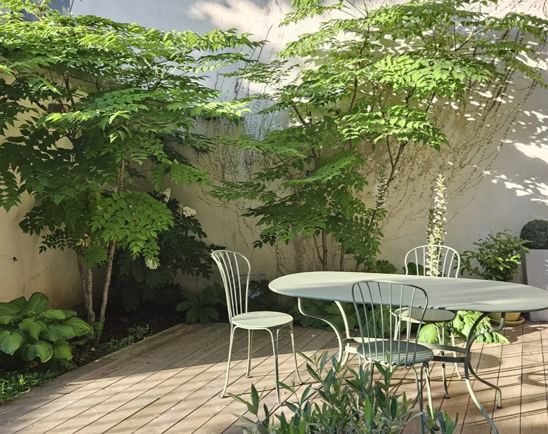 Terrasse pavée avec table et chaises sous un arbre, bordée d'un massif de plantes d'ombre – Hortiplan Paysagiste
